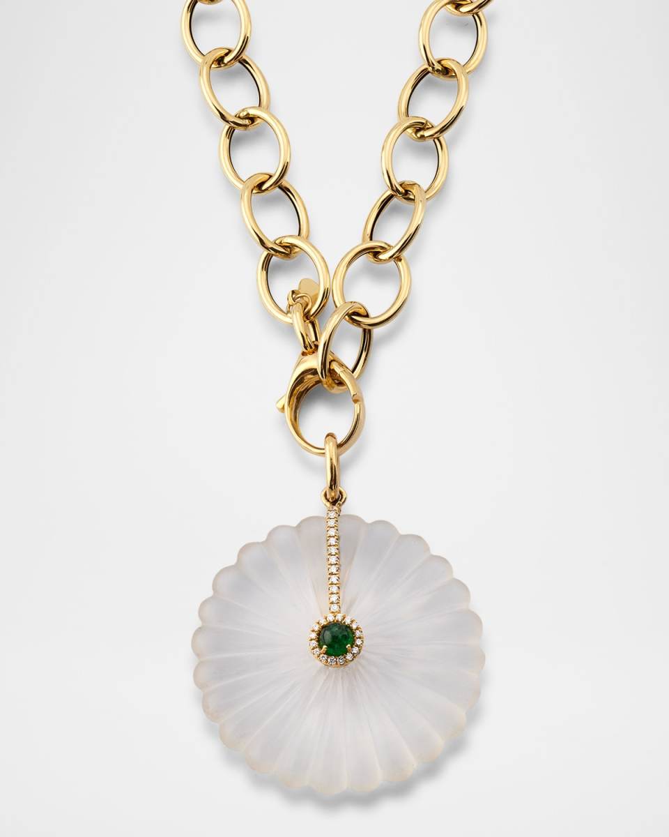 G-One 18K Yellow Gold 4x3mm Carved Rock Crystal Necklace with Emerald and Diamonds